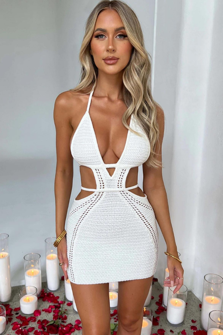 LUCIANA HALTER MINI DRESS - WHITE