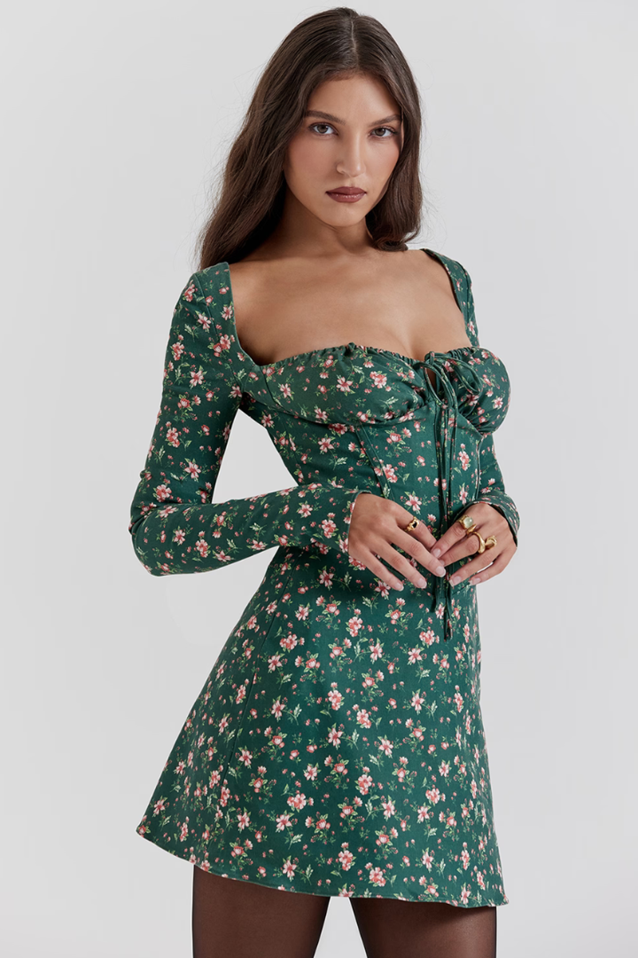 YESENIA LONG SLEEVE MINI DRESS - GREEN TARTAN