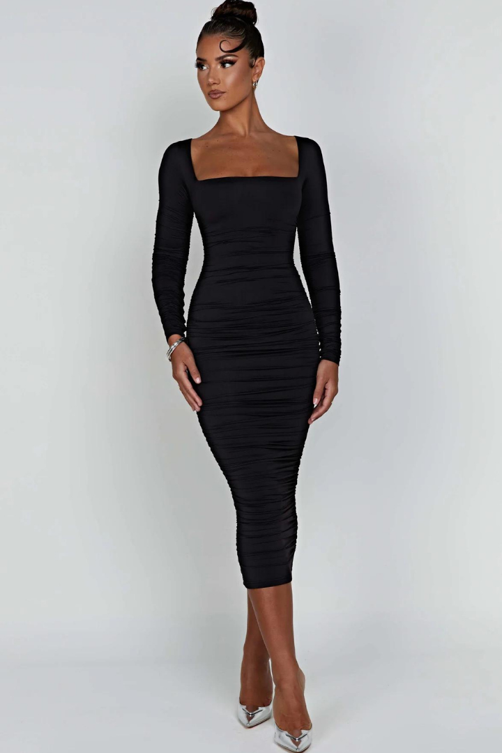 BRIELLA LONG SLEEVE MIDI DRESS - BLACK