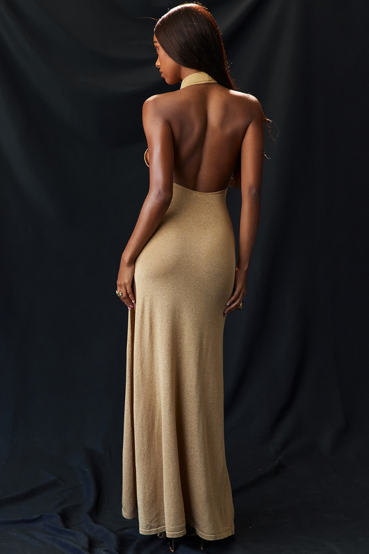 YURA HALTER MAXI DRESS - GOLD KNIT