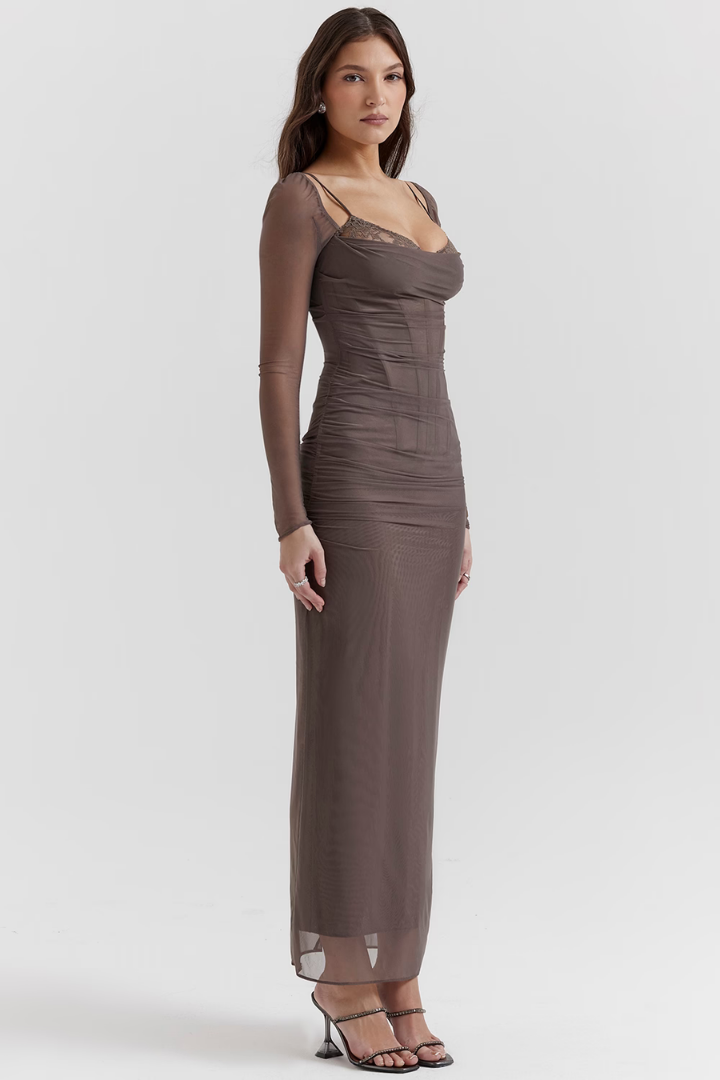 LORNA LONG SLEEVE MAXI DRESS - LIGHT BROWN