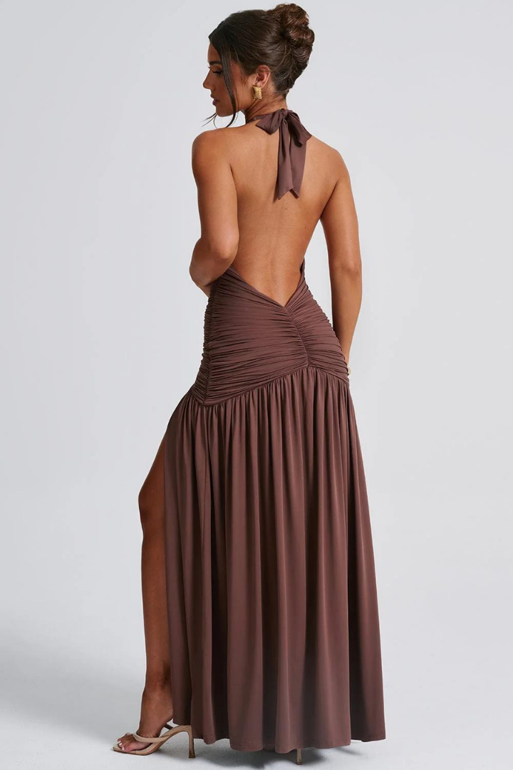 SOFÍA HALTER MAXI DRESS - BROWN