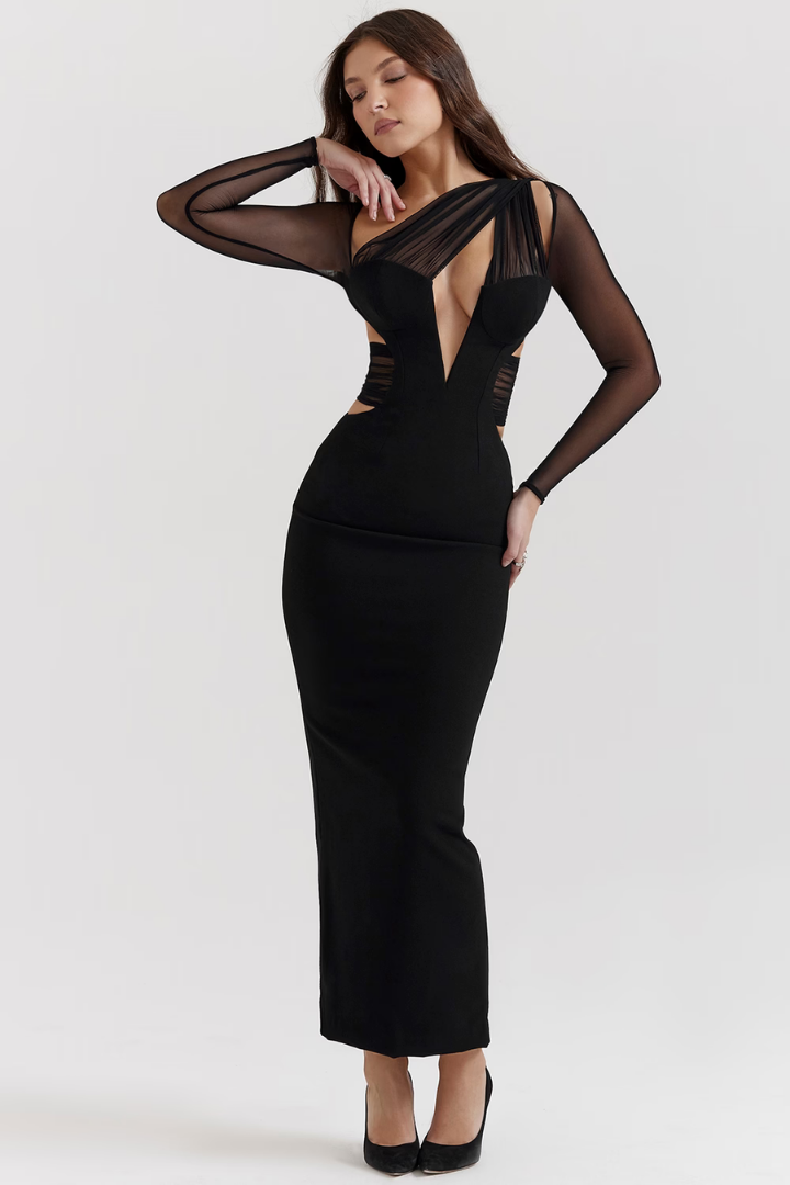 GERTRUDE LONG SLEEVE MAXI DRESS - BLACK