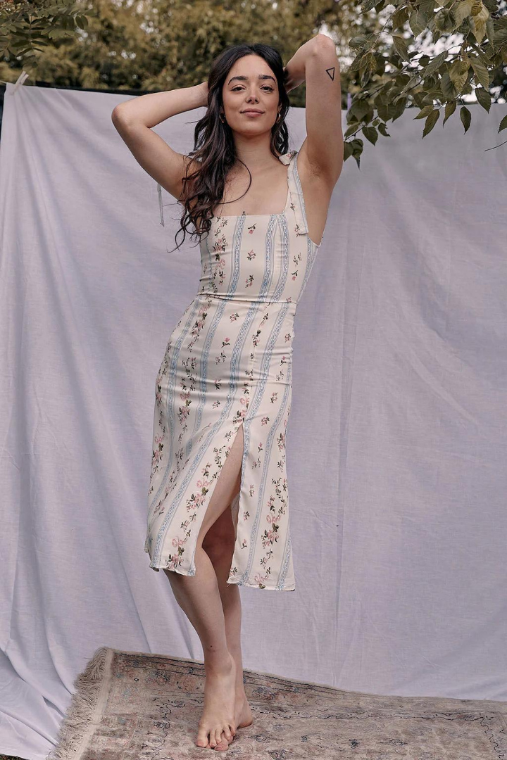 LYDIA MIDI DRESS - BEIGE/SKY BLUE