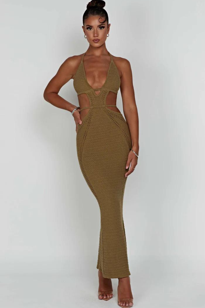 LUCIANA HALTER MAXI DRESS - KHAKI