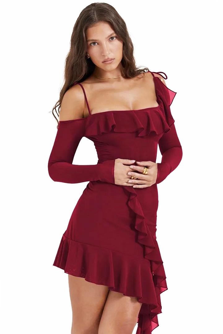VIDA RUFFLE MINI DRESS - WINE RED