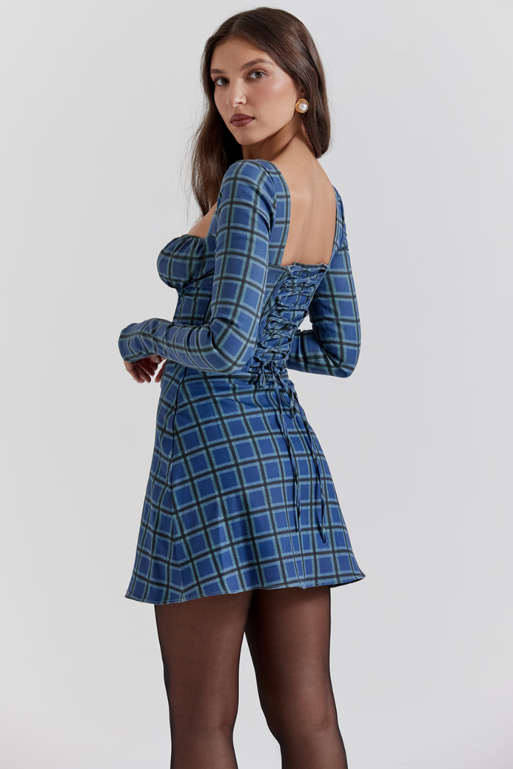 YESENIA LONG SLEEVE MINI DRESS - BLUE TARTAN
