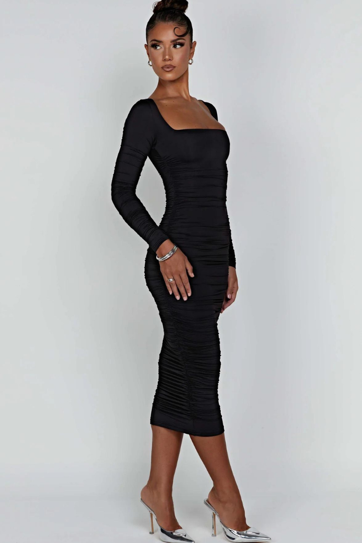 BRIELLA LONG SLEEVE MIDI DRESS - BLACK