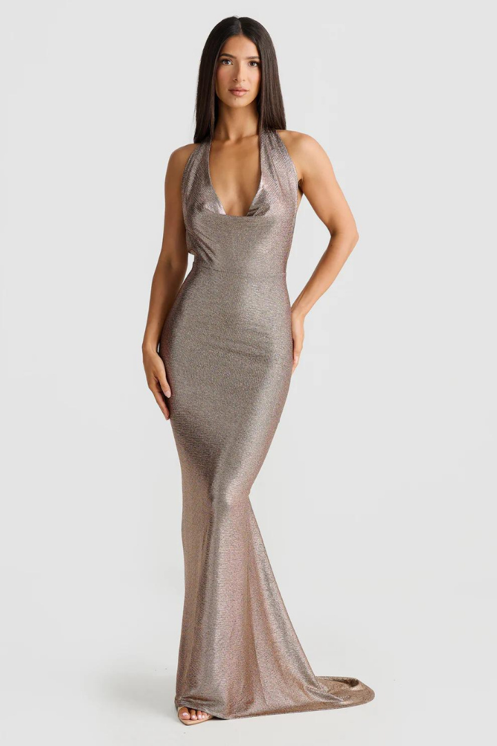 ISABELLA HALTER MAXI DRESS - BRONZE GOLD
