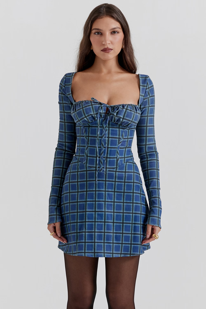 YESENIA LONG SLEEVE MINI DRESS - BLUE TARTAN