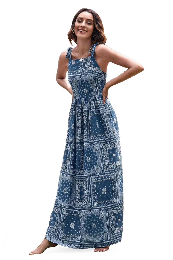 ZAIRE LONG SLEEVE MAXI DRESS - DECORATED BLUE