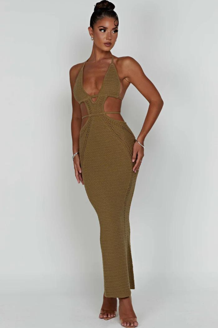 LUCIANA HALTER MAXI DRESS - KHAKI