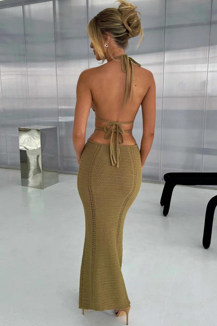 LUCIANA HALTER MAXI DRESS - KHAKI