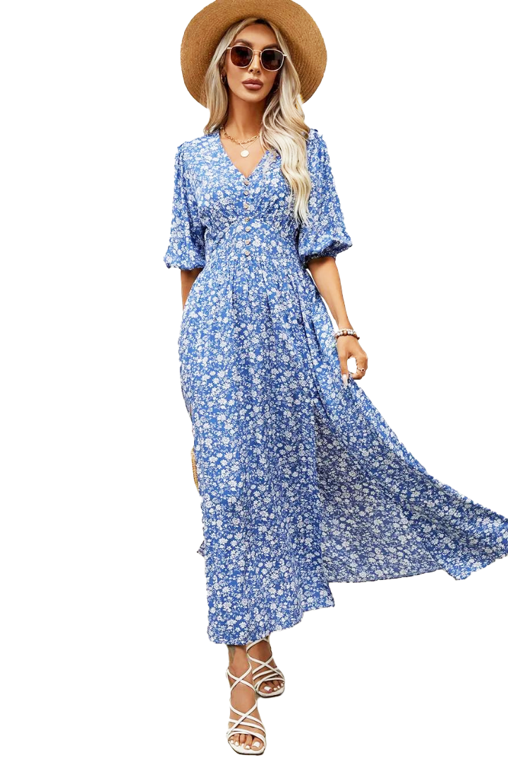 LORETTA PUFF SLEEVE MAXI DRESS - BLUE