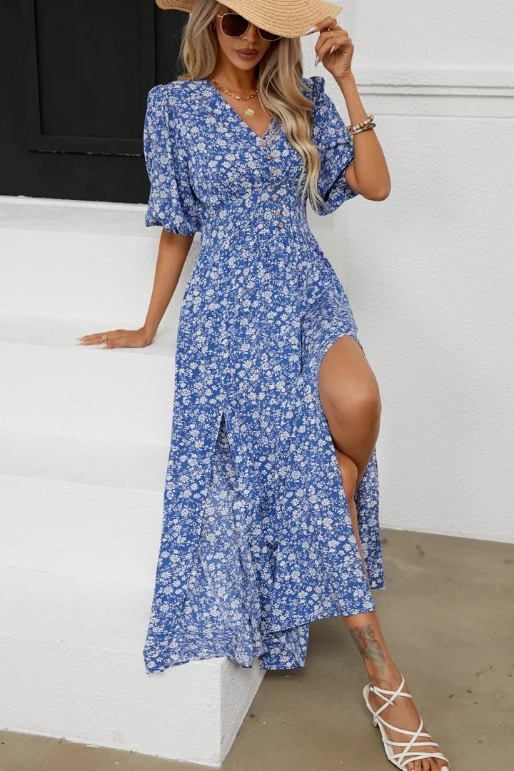 LORETTA PUFF SLEEVE MAXI DRESS - BLUE