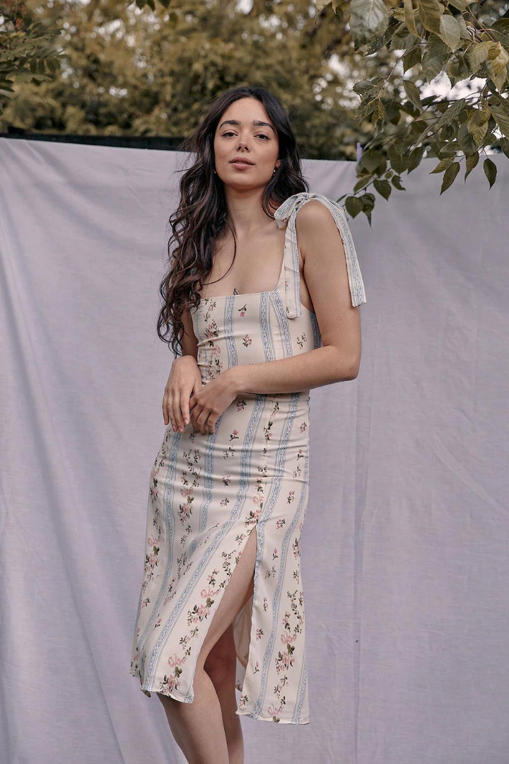 LYDIA MIDI DRESS - BEIGE/SKY BLUE