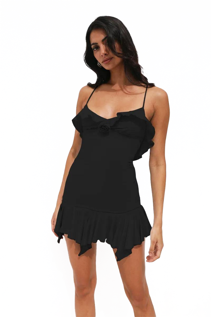 ZETIAN RUFFLE MINI DRESS - BLACK