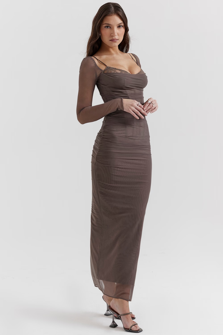 LORNA LONG SLEEVE MAXI DRESS - LIGHT BROWN