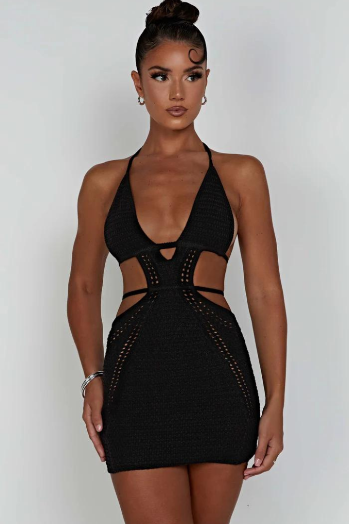 LUCIANA HALTER MINI DRESS - BLACK