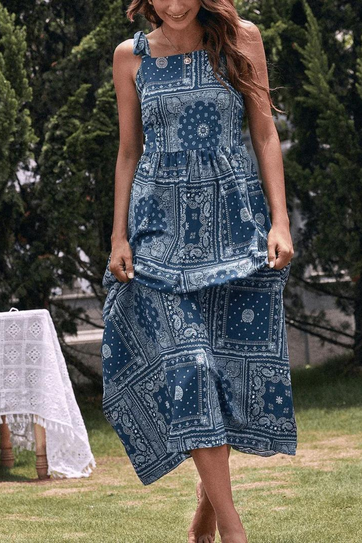 ZAIRE LONG SLEEVE MAXI DRESS - DECORATED BLUE