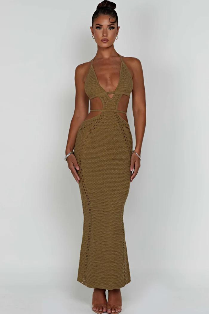 LUCIANA HALTER MAXI DRESS - KHAKI