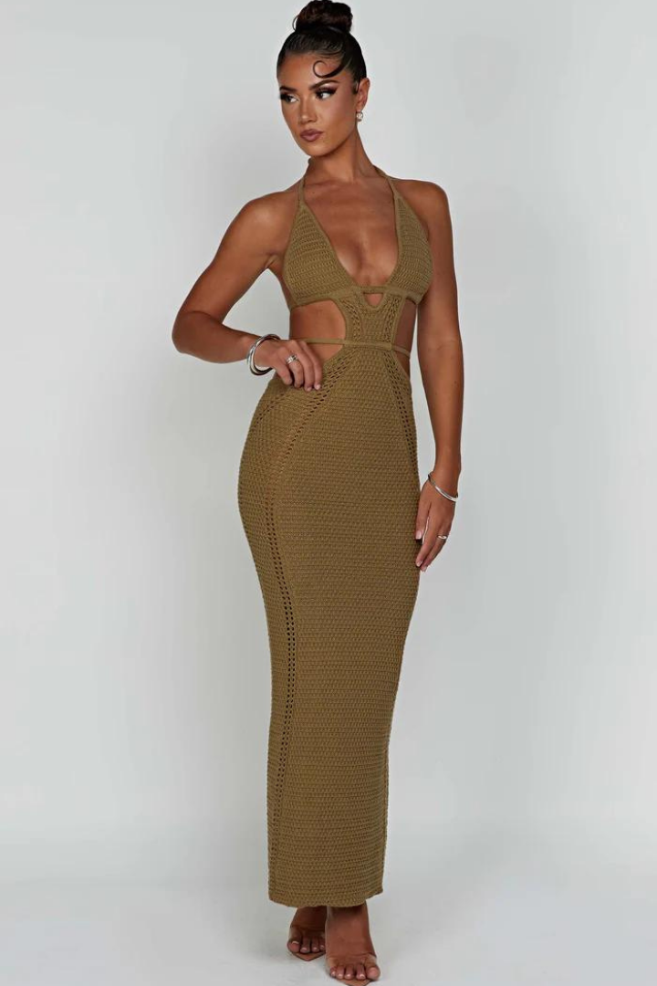 LUCIANA HALTER MAXI DRESS - KHAKI