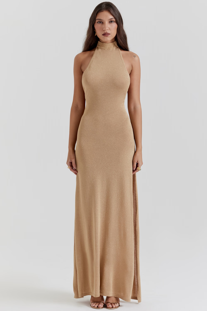 YURA HALTER MAXI DRESS - GOLD KNIT