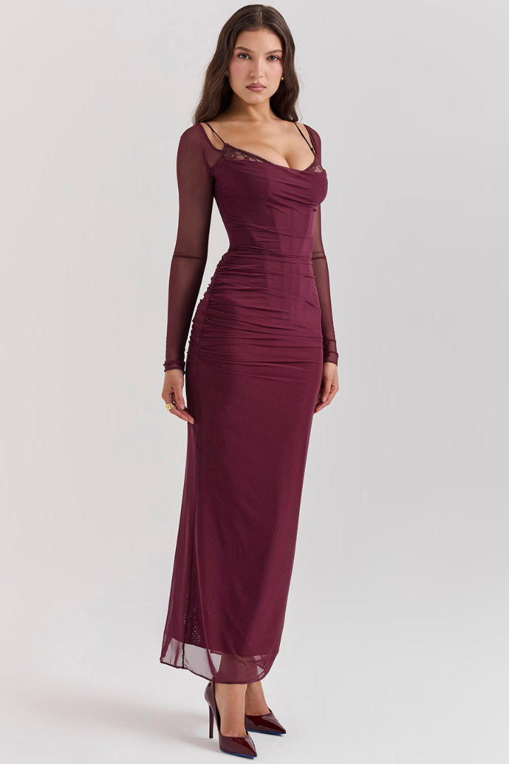 LORNA LONG SLEEVE MAXI DRESS - BURGUNDY