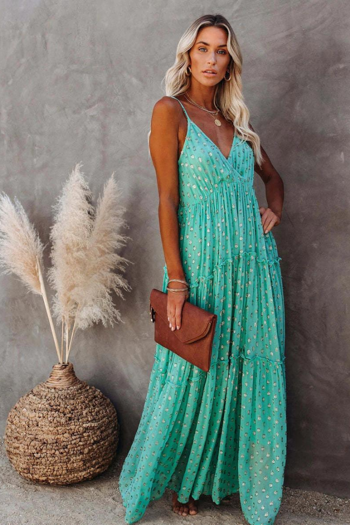 PRISCILLA MAXI RUFFLE DRESS - GREEN