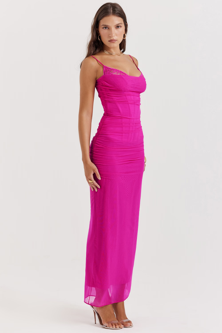 SARA MESH MAXI DRESS - FUCHSIA
