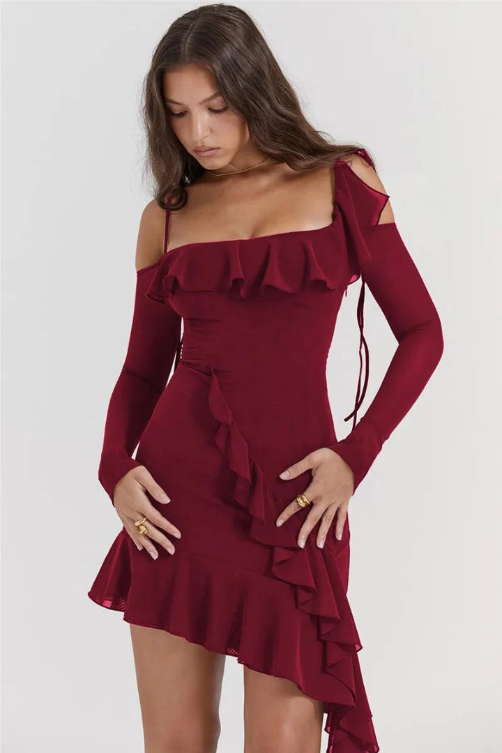 VIDA RUFFLE MINI DRESS - WINE RED