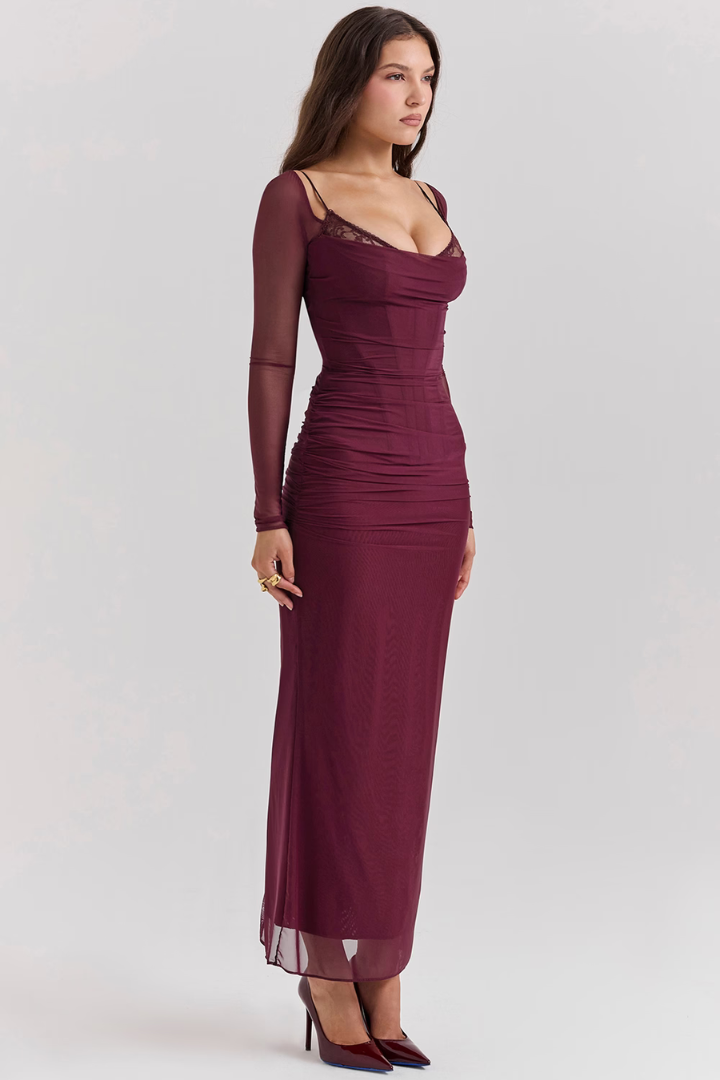 LORNA LONG SLEEVE MAXI DRESS - BURGUNDY