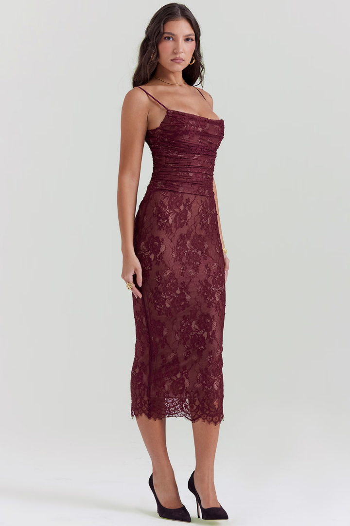 CORA LONG SLEEVE MIDI DRESS - WINE RED