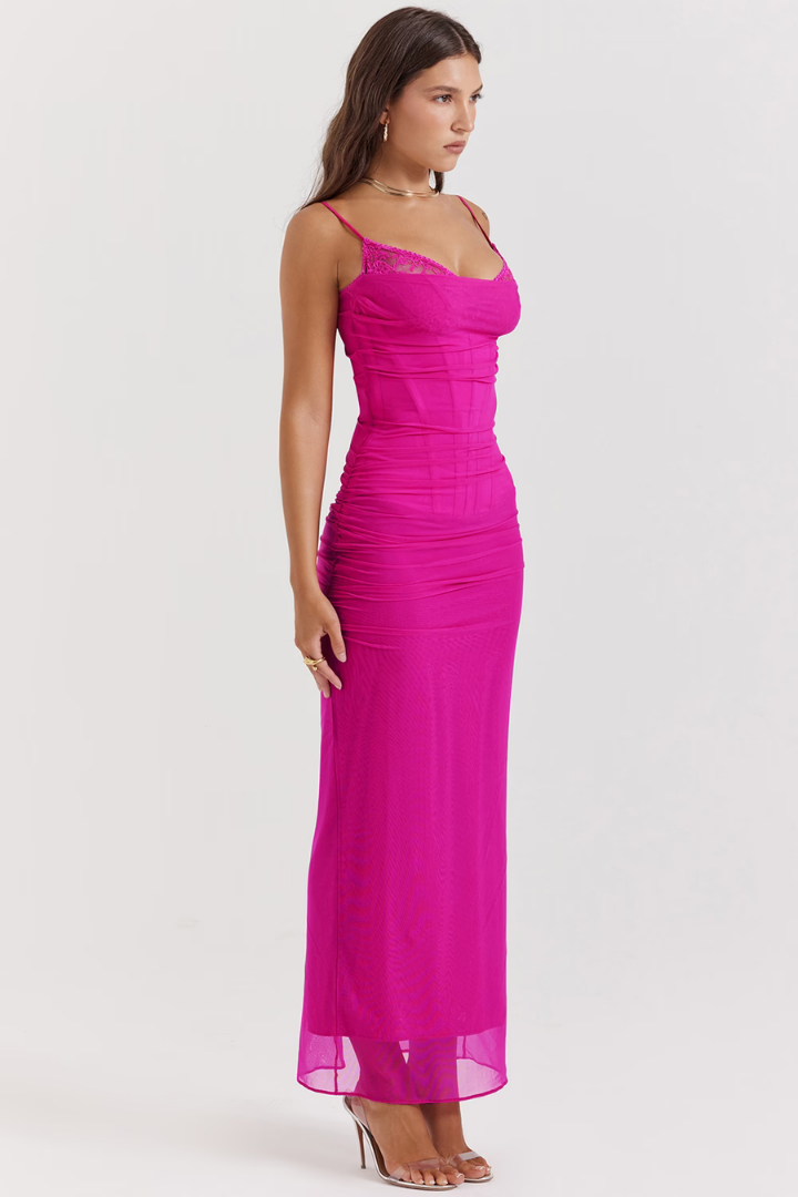 SARA MESH MAXI DRESS - FUCHSIA