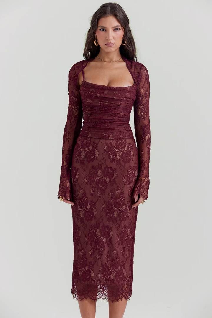 CORA LONG SLEEVE MIDI DRESS - WINE RED