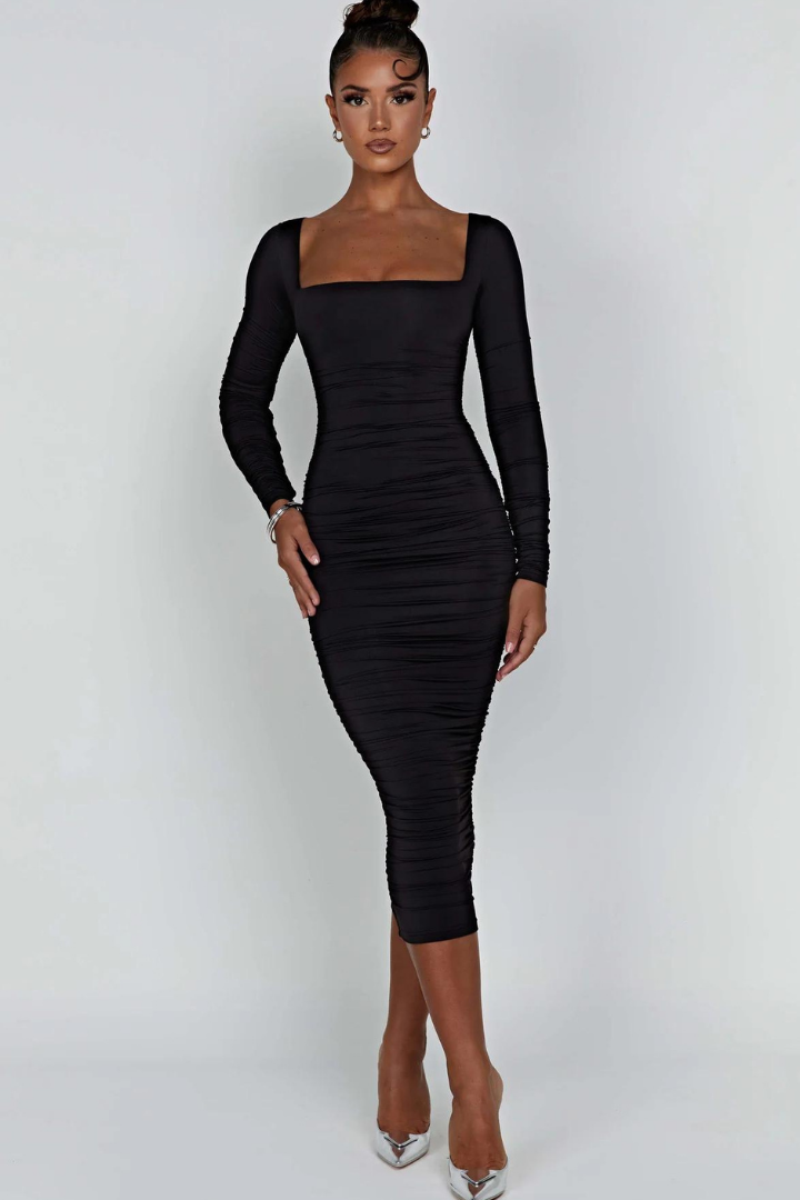 BRIELLA LONG SLEEVE MIDI DRESS - BLACK