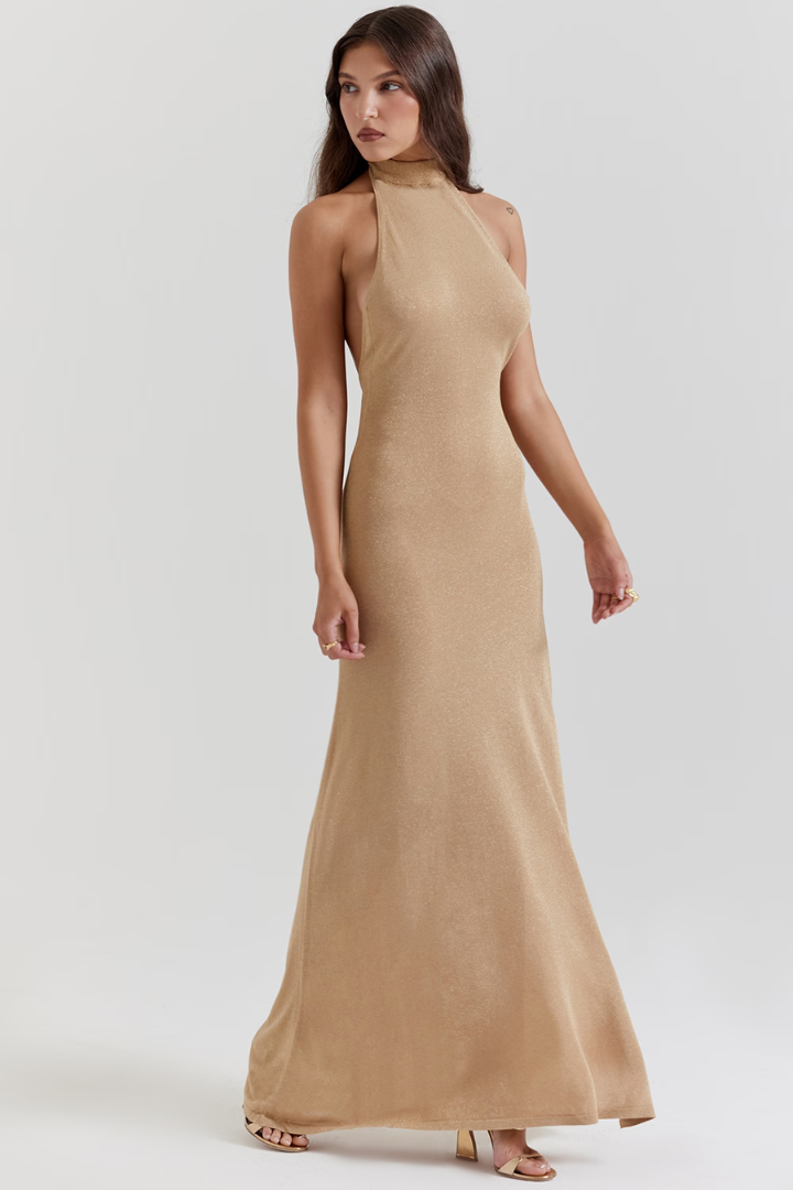 YURA HALTER MAXI DRESS - GOLD KNIT