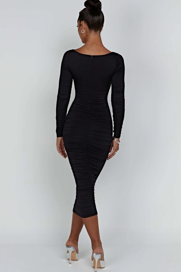 BRIELLA LONG SLEEVE MIDI DRESS - BLACK