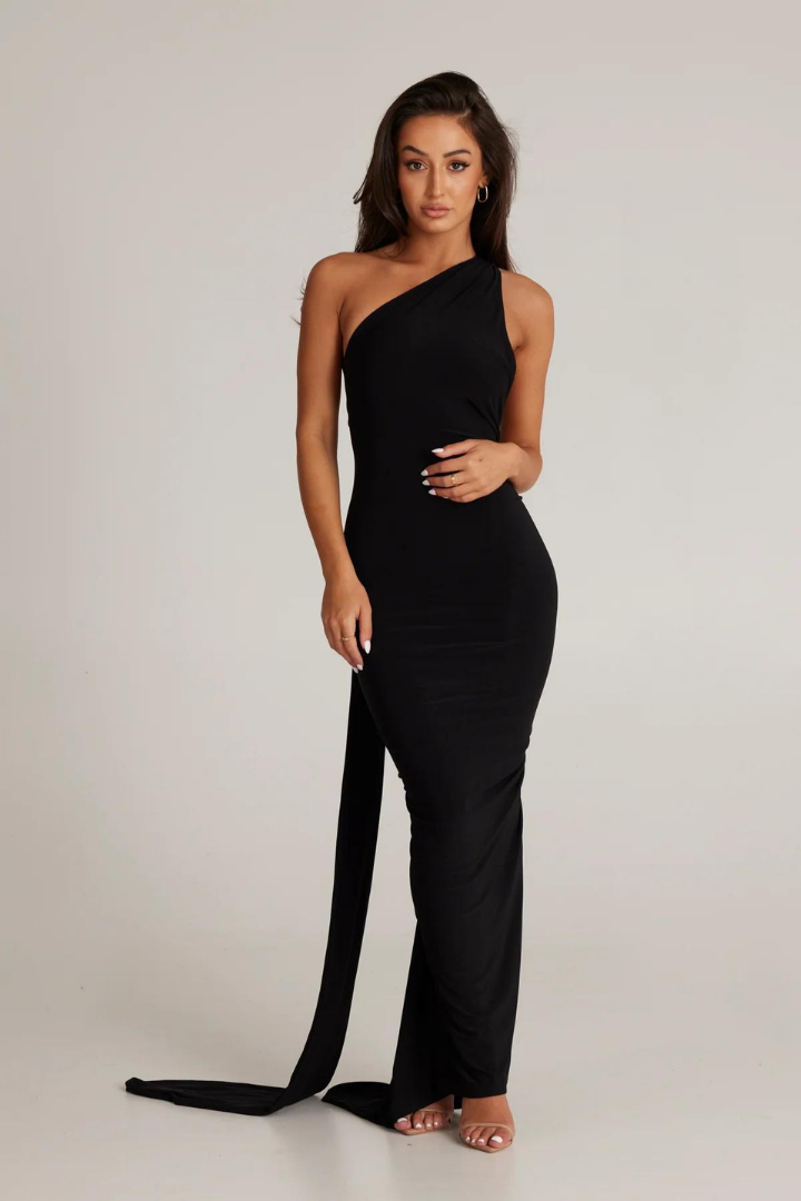 ESMERALDA OBLIQUE SHOULDER MAXI DRESS - ROSE - Red - M