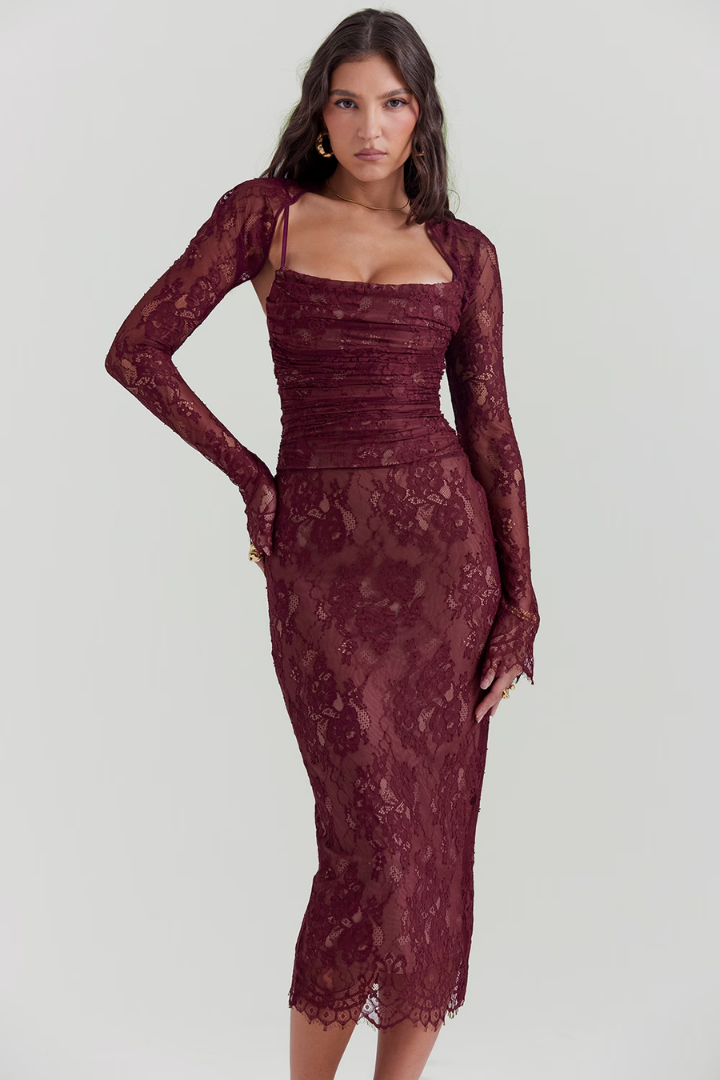 CORA LONG SLEEVE MIDI DRESS - WINE RED