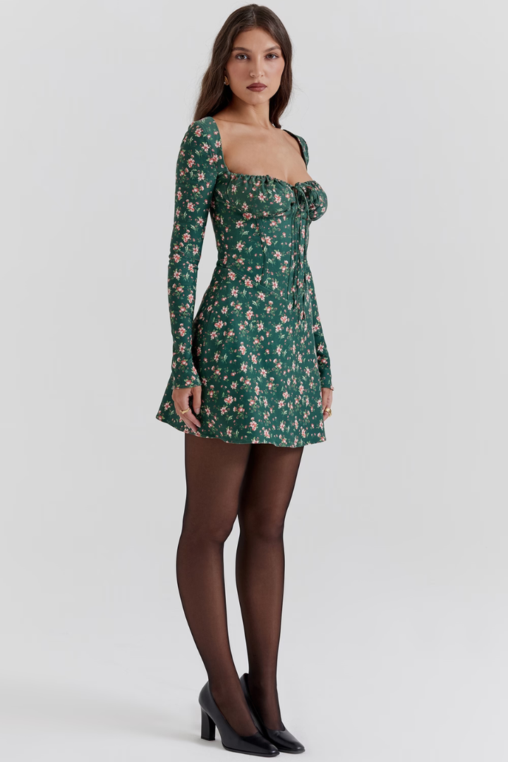 YESENIA LONG SLEEVE MINI DRESS - GREEN TARTAN