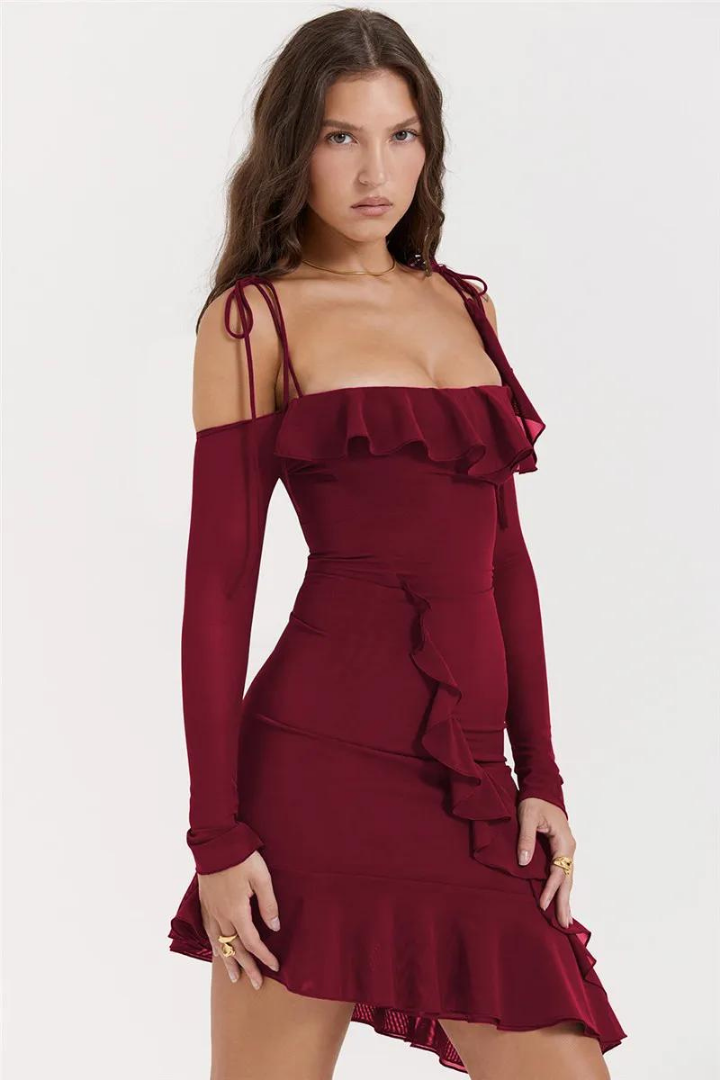 VIDA RUFFLE MINI DRESS - WINE RED