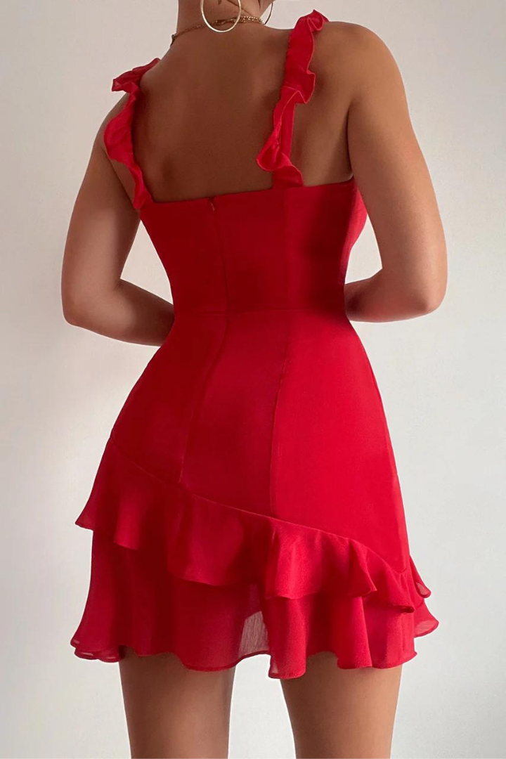 BERTHE RUFFLE MINI DRESS - RED