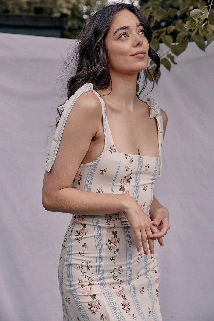 LYDIA MIDI DRESS - BEIGE/SKY BLUE