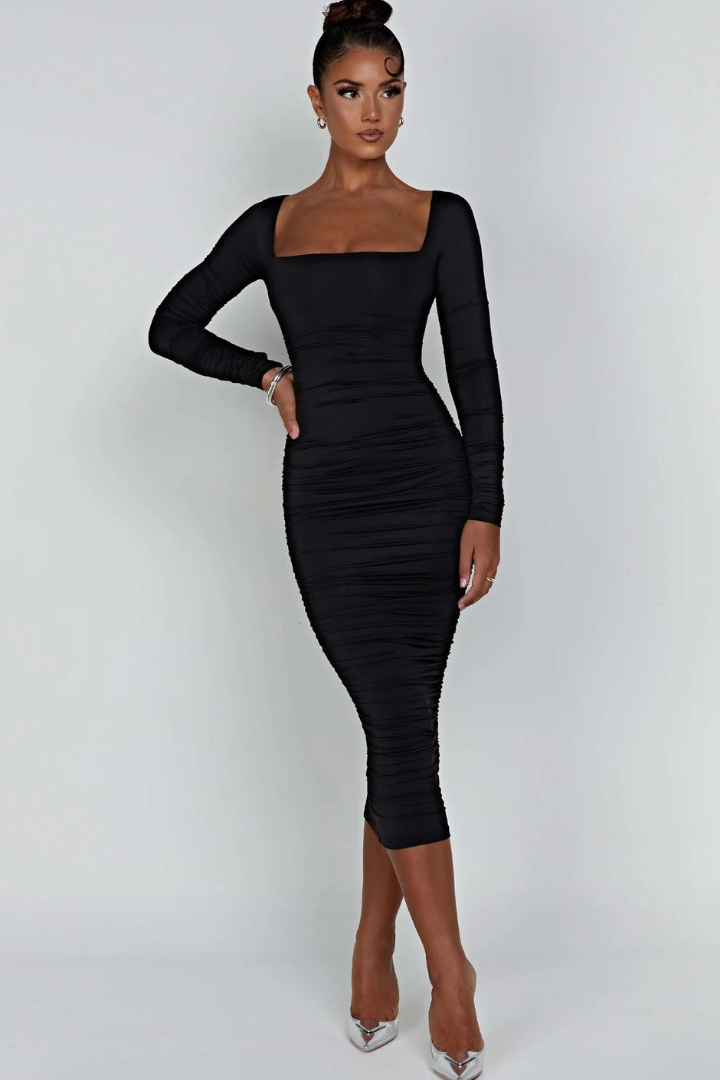 BRIELLA LONG SLEEVE MIDI DRESS - BLACK
