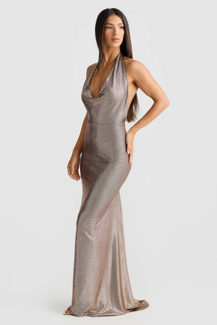 ISABELLA HALTER MAXI DRESS - BRONZE GOLD