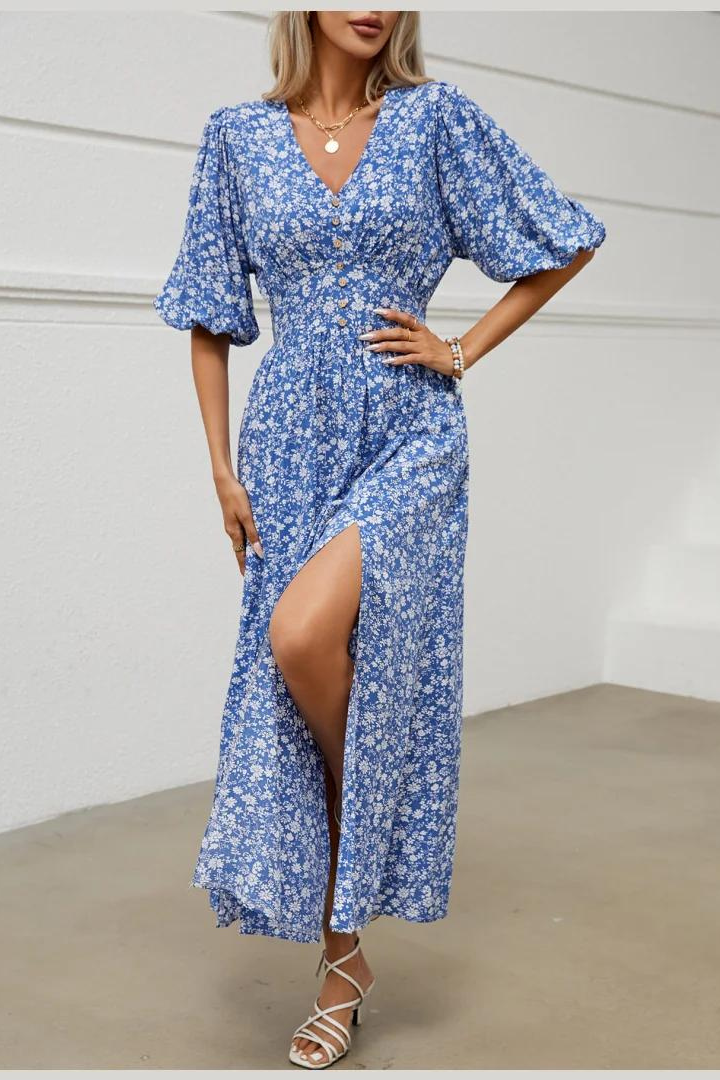 LORETTA PUFF SLEEVE MAXI DRESS - BLUE