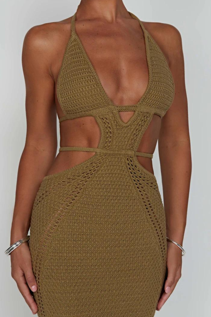 LUCIANA HALTER MAXI DRESS - KHAKI