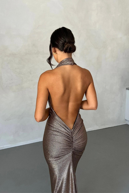 ISABELLA HALTER MAXI DRESS - BRONZE GOLD 