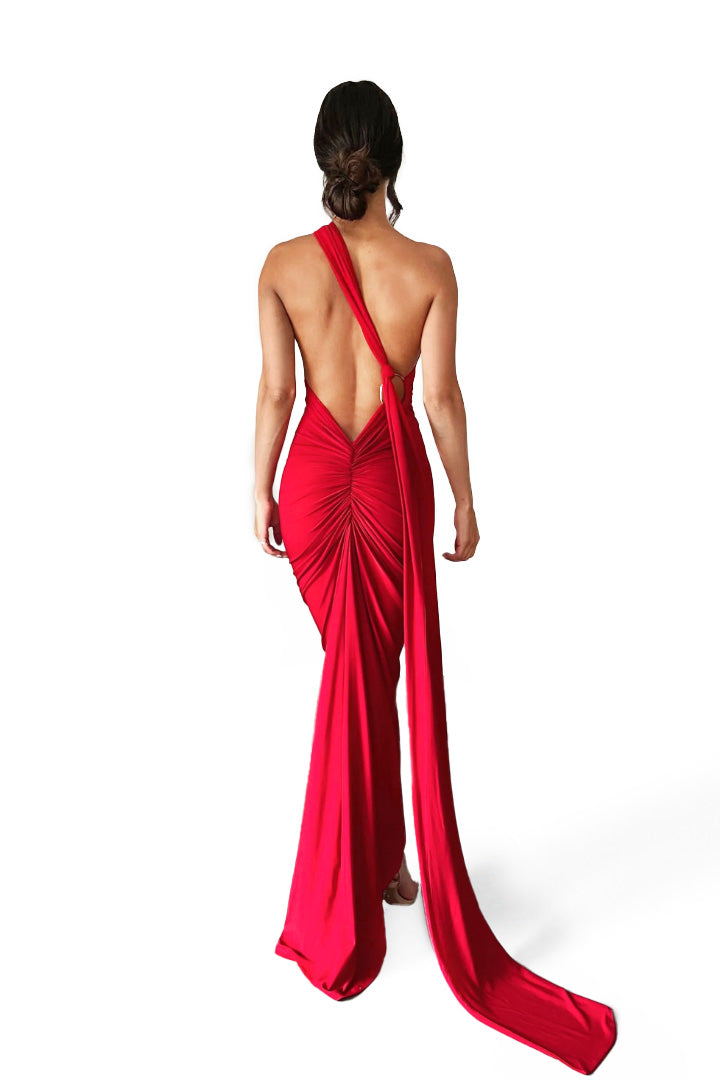 ESMERALDA OBLIQUE SHOULDER MAXI DRESS - RED